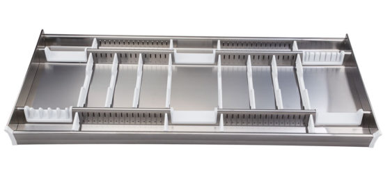 CUTLERY TRAY STAINLESS STEEL "HIDDEN" INTERNAL of top drawer 120cm; Complete with sliders BLUM -R420/S C10
